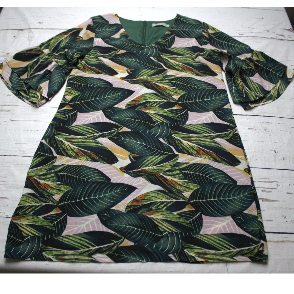 Belongsci Tropical Leaf V-Neck Bell Sleeve Shift Dress Green Pink XL Resortwear